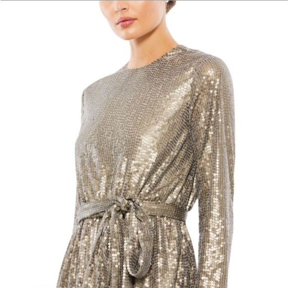 Mac Duggal | Taupe Sash Belt Long Sleeves Dress style 10789 NWT Size 10 - Picture 4 of 5